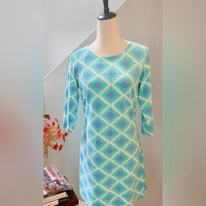 NWOT MAHI Gold Dress “Bimini” Beach Preppy Coastal Diamonds 3/4 Sleeve MEDIUM